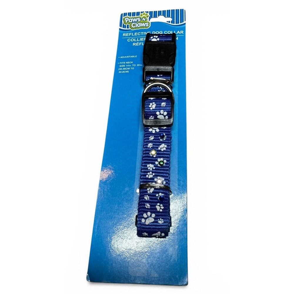 Paws N Claws Dog Collar Reflective Blue Paw Print Adjustable